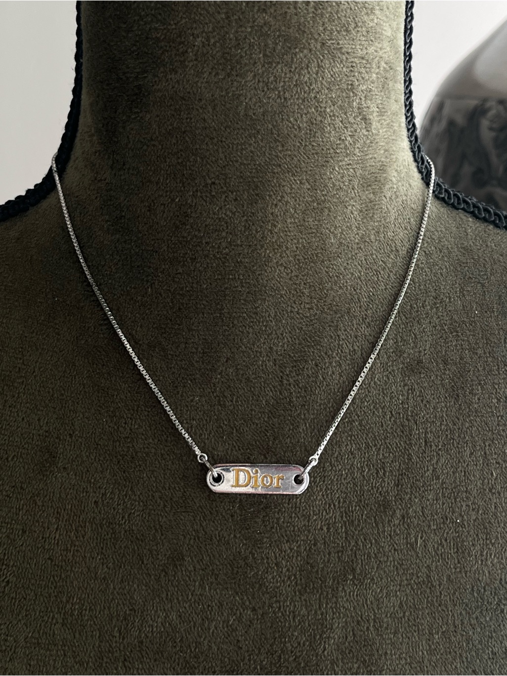 Authentic Vintage Dior Classic Logo Plate Yellow Enamel Silver Chain Necklace